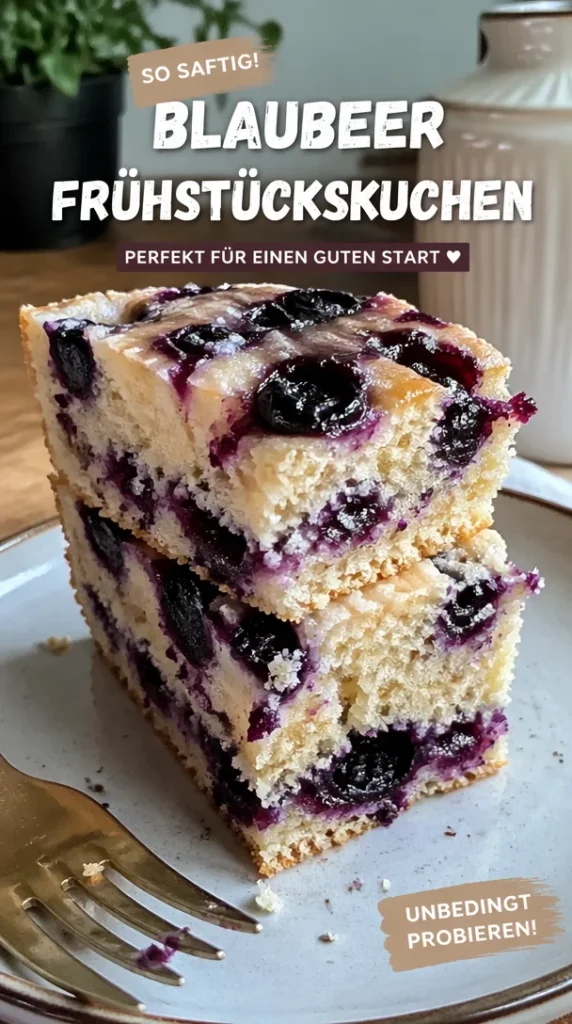 Blaubeerfrühstückskuchen auf einem Teller, dekoriert mit frischen Blaubeeren.