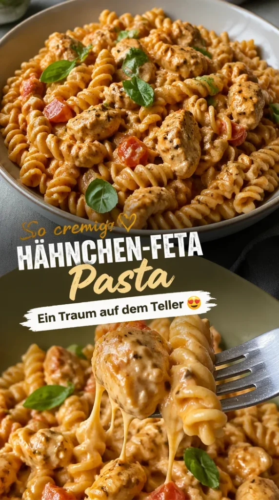 Cremige Hähnchen-Feta-Pasta in einer Schüssel serviert