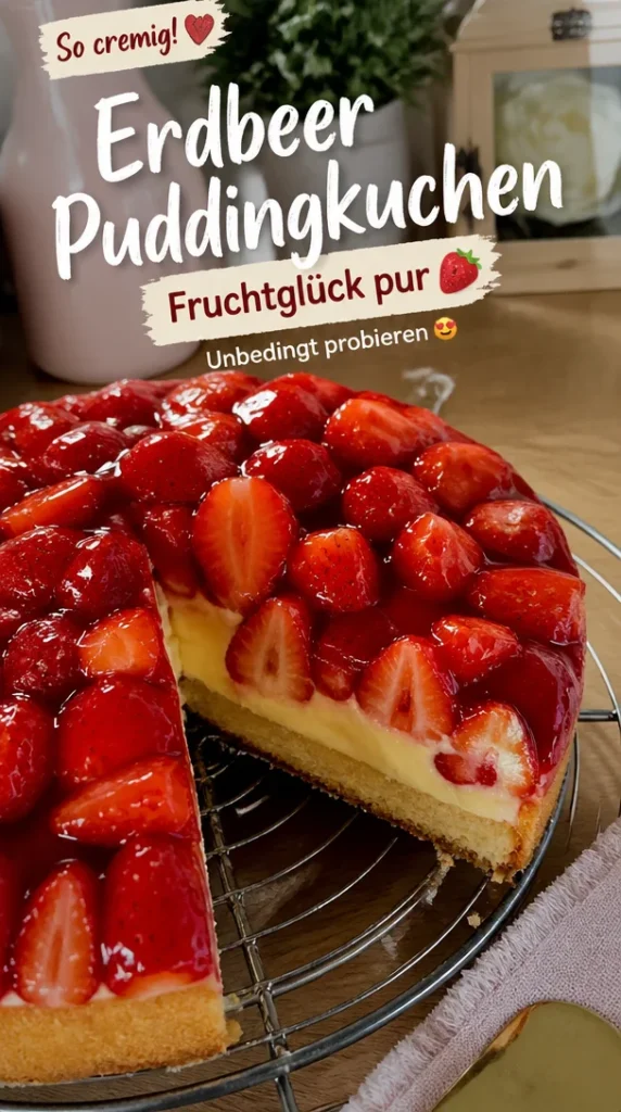Erdbeerkuchen mit Puddingcreme auf einem schönen Teller angerichtet
