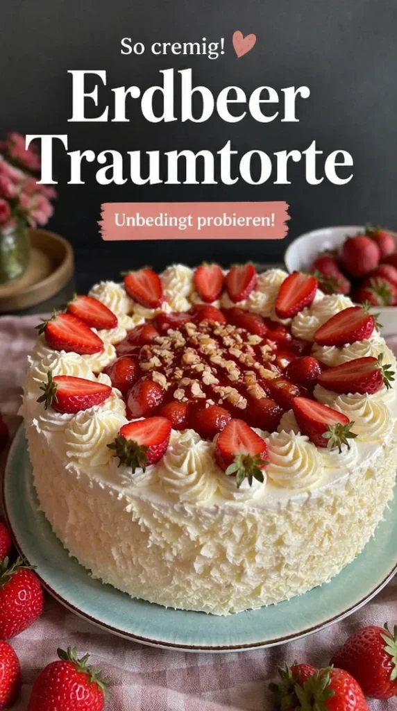 Leckere Erdbeertorte mit frischen Erdbeeren und Sahne dekoriert.