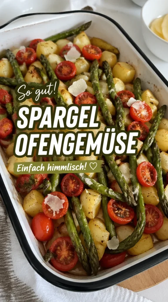 Gegrillter grüner Spargel mit Kartoffeln und Kirschtomaten auf einem Teller