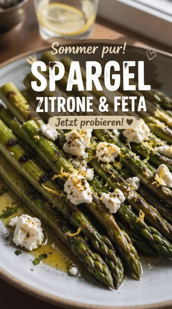Gegrillter Spargel mit Zitrone und Feta auf einem Teller serviert