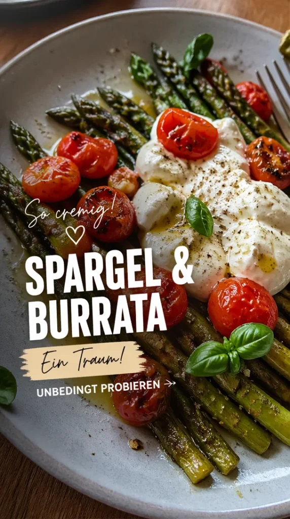 Gerösteter grüner Spargel mit Burrata auf einem Teller, lecker und gesund.