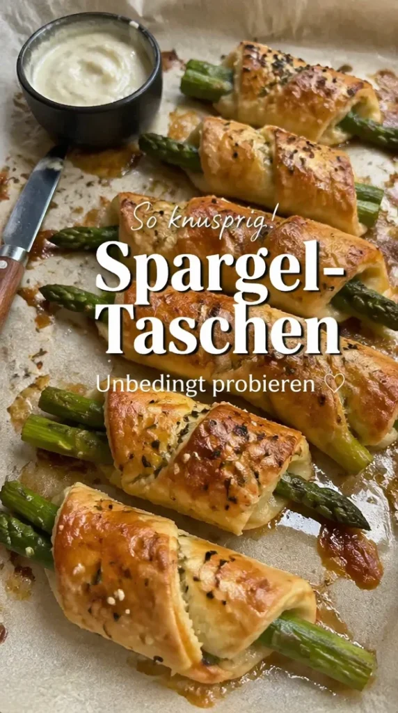 Grüner Spargel im Blätterteigmantel auf einem eleganten Teller serviert.