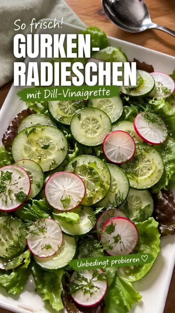 Gurkensalat mit Radieschen und Dill-Vinaigrette auf einem Teller serviert