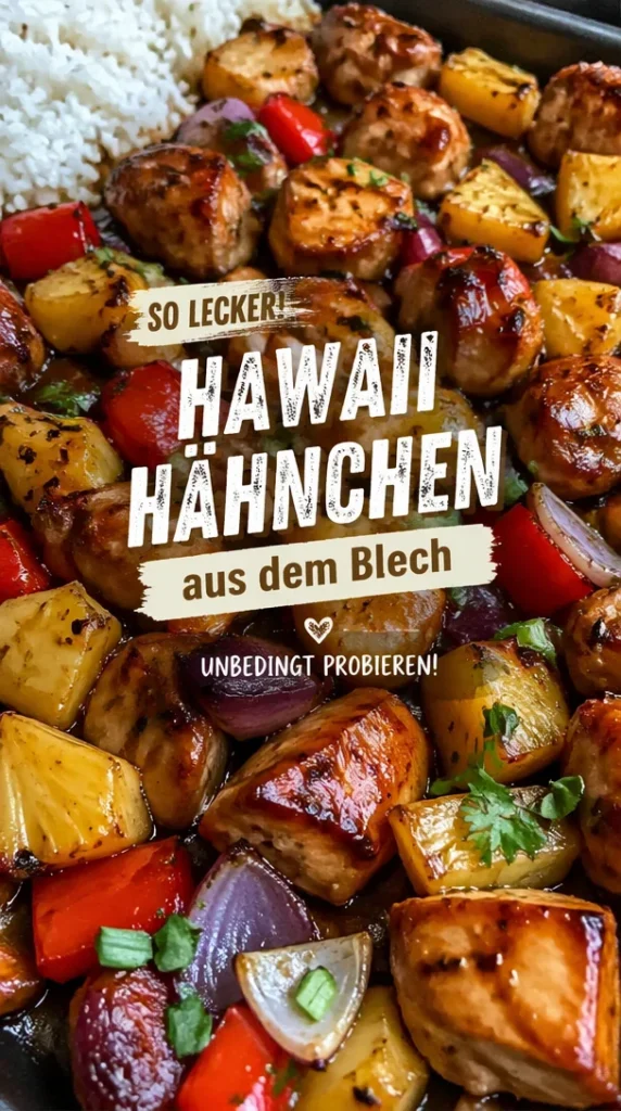 Hawaiianisches Hähnchen aus dem Blech auf einem Teller serviert.