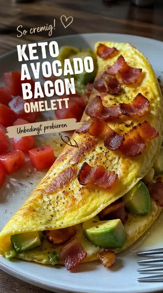 Keto Omelett mit Avocado und Bacon, ideal für gesundes Frühstück.