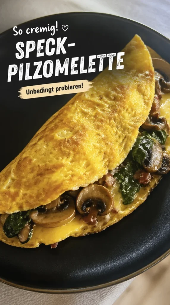 Keto Speck- und Pilzomelette auf einem Teller mit frischen Zutaten.