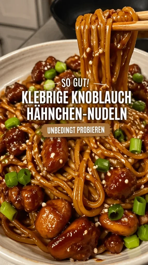 Klebrige Knoblauch-Hähnchen-Nudeln auf einem Teller angerichtet