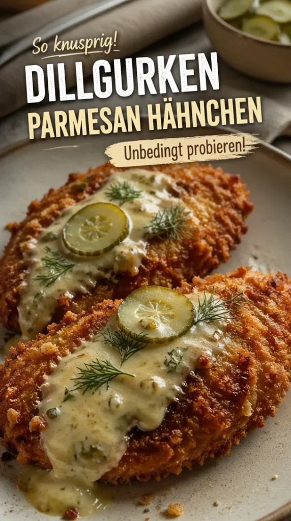 Knuspriges Dillgurken-Parmesan-Hühnchen auf einem Teller serviert