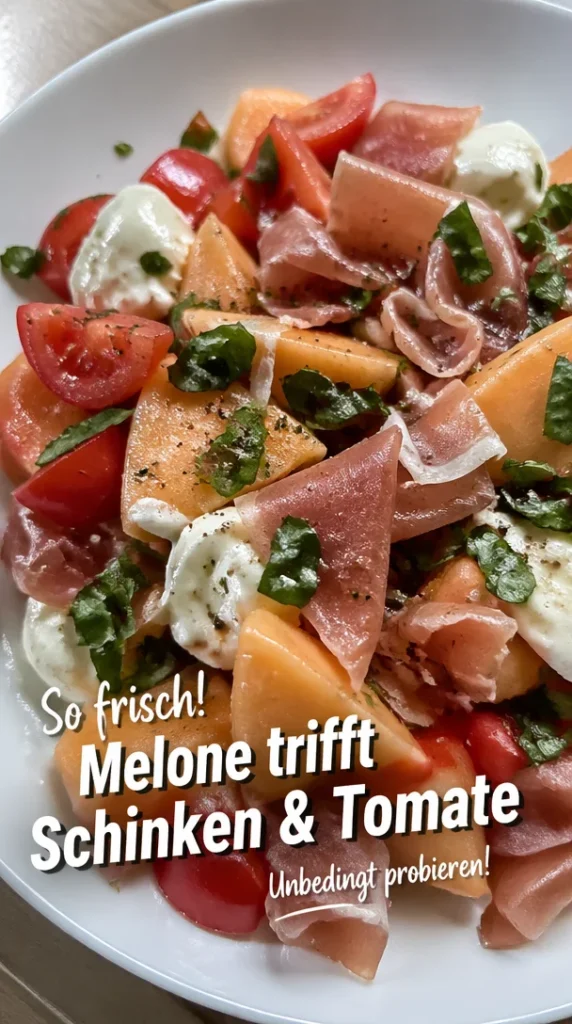 Frischer Melonensalat mit Schinken und Tomaten auf einem Teller