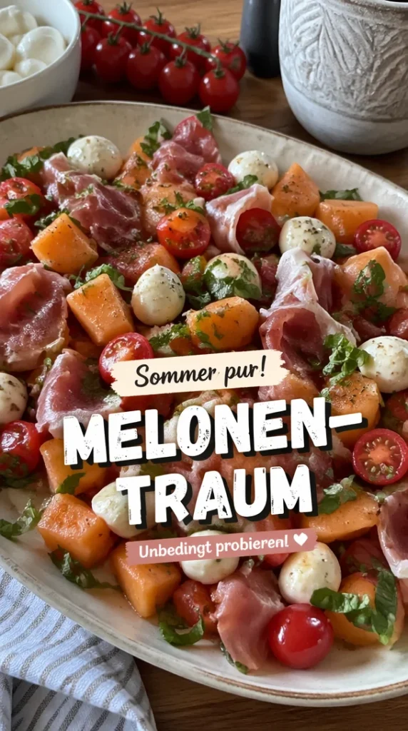 Frischer Melonensalat mit Schinken und Tomaten in einer Schüssel