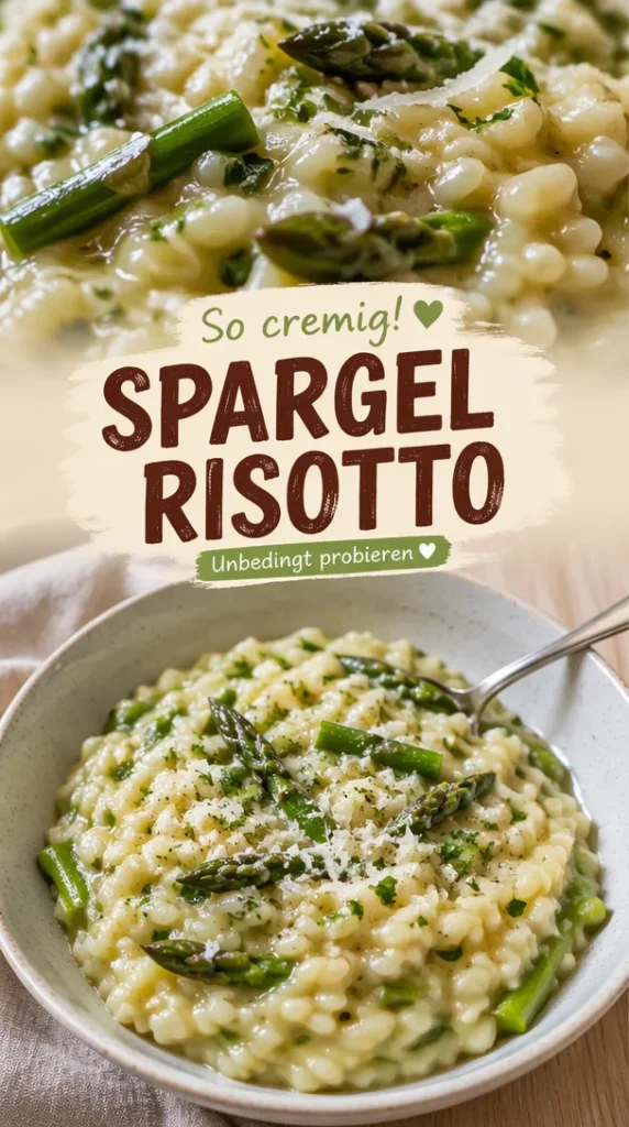 Risotto mit grünem Spargel auf einem Teller serviert.