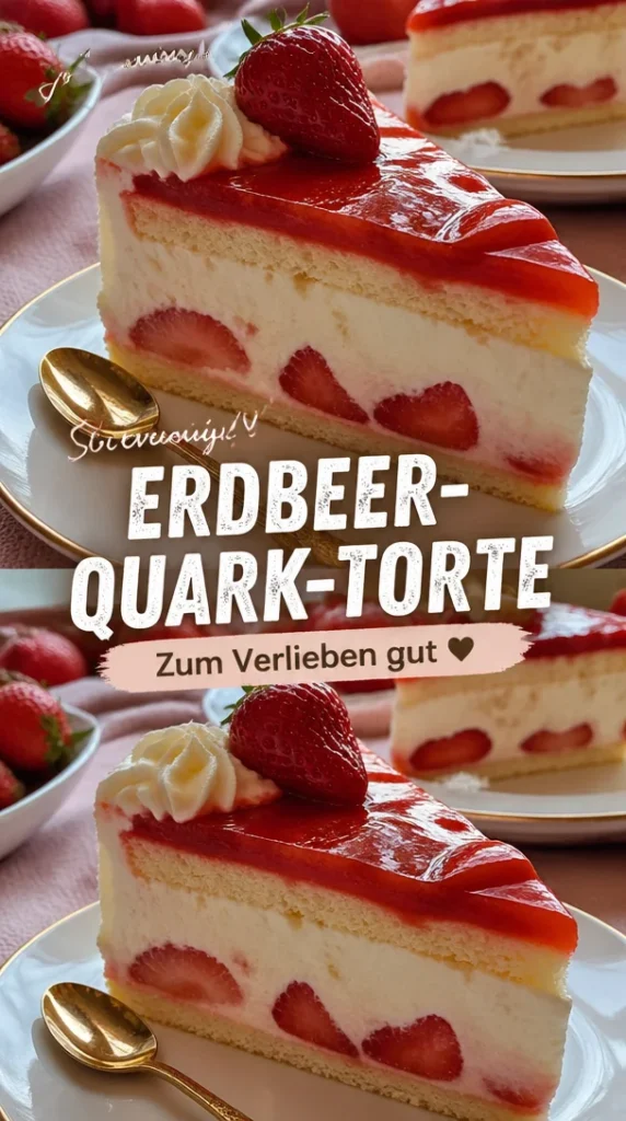 Cremige Erdbeer-Quark-Torte auf einem Teller mit frischen Erdbeeren garniert