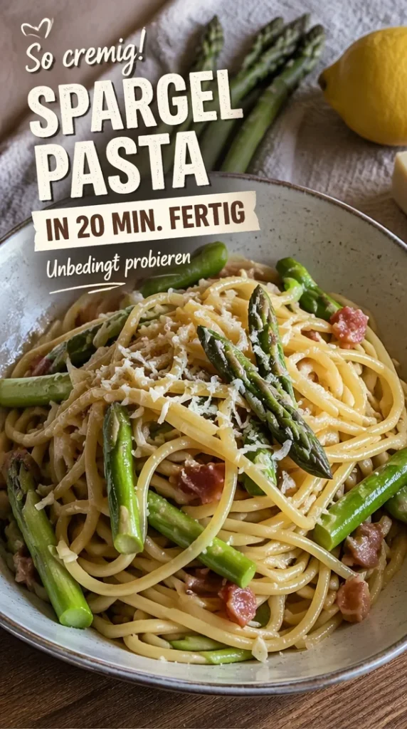 Eine Teller Spargel Pasta mit frischen Zutaten und aromatischer Soße.