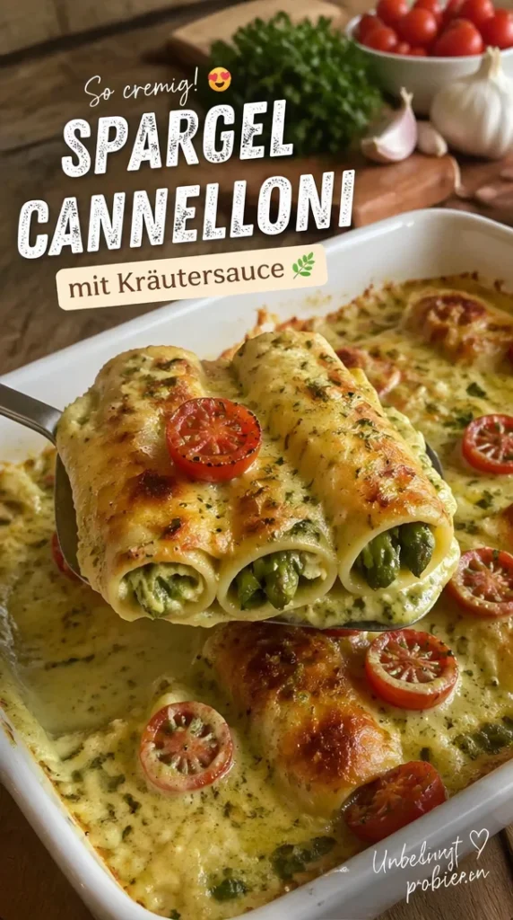 Spargel-Cannelloni mit Kräutersauce auf einem Teller angerichtet