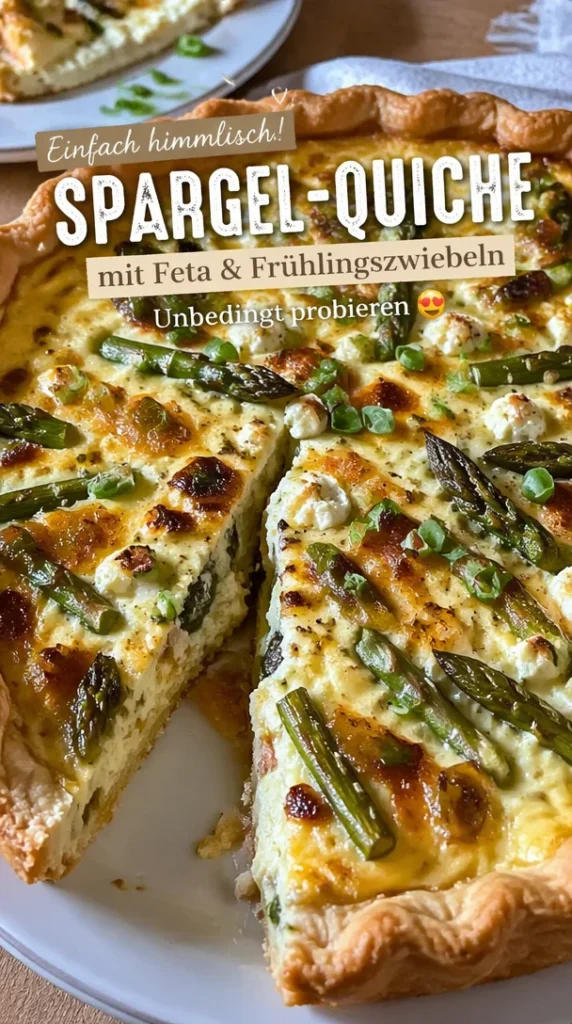 Spargel-Quiche mit Feta und Frühlingszwiebeln, serviert auf einem Teller