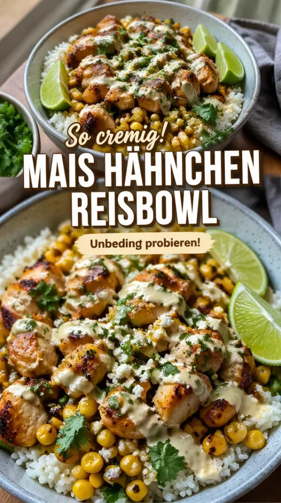 Leckeres Straßenmais-Hühnchen in einer Reisschüssel serviert
