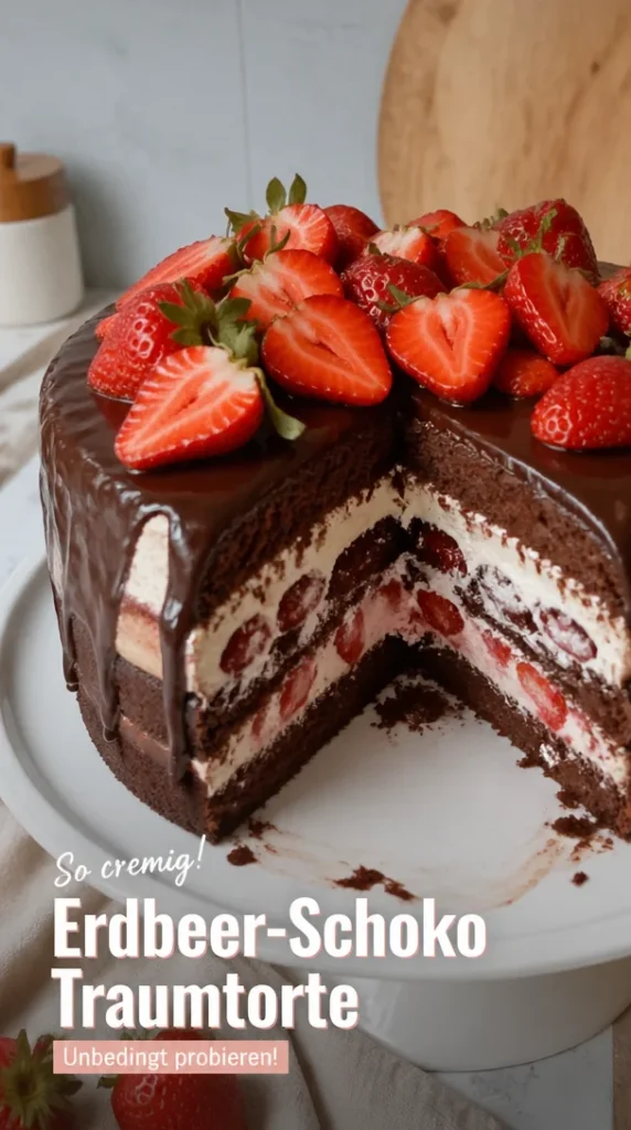 Erdbeer-Schoko-Torte mit Joghurt-Sahnecreme auf einem eleganten Teller