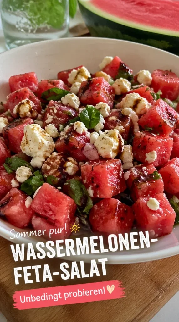 Erfrischender Wassermelonen-Feta-Salat mit Feta-Käse und Minze
