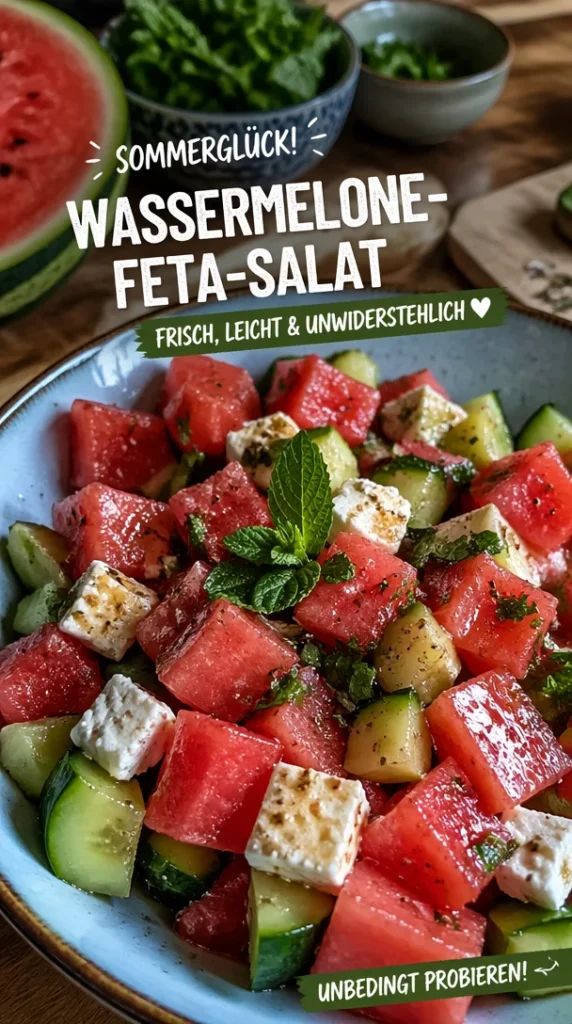 Erfrischender Wassermelonen-Feta-Salat mit Gurken und frischer Minze
