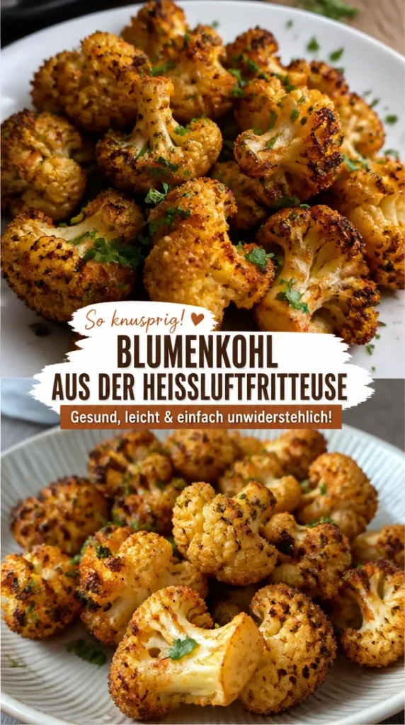 Knuspriger Air Fryer Blumenkohl auf einem Teller, gesund und lecker zubereitet