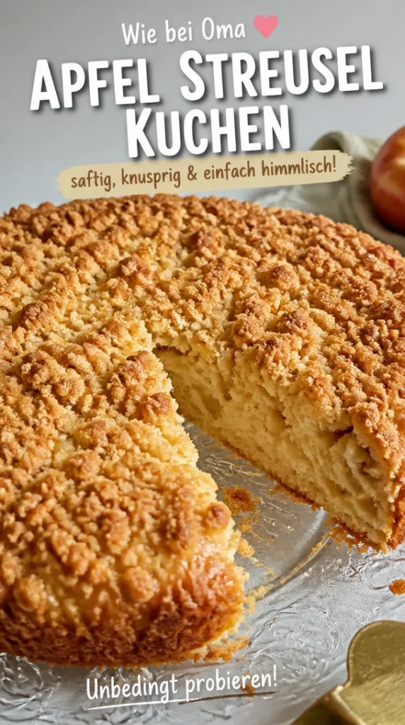 Saftiger und knuspriger Apfel Streuselkuchen auf einem Teller