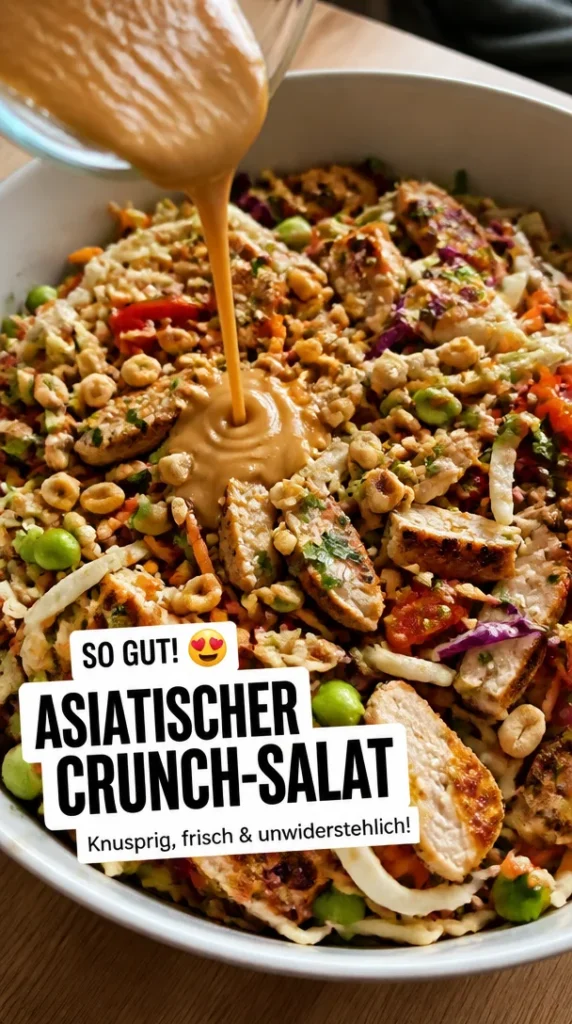 Asiatischer Hähnchen-Crunch-Salat mit frischem Gemüse und knusprigen Toppings