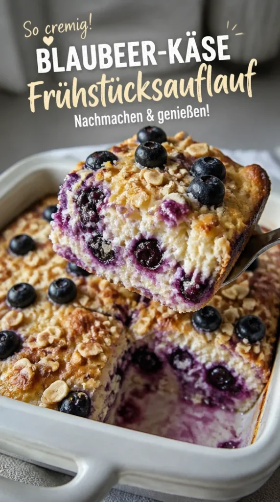 Blaubeer-Hüttenkäse-Auflauf serviert in einer bunten Schale