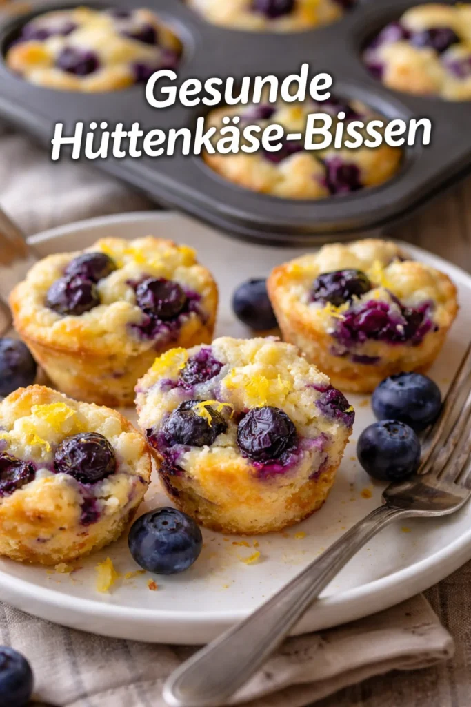 Erfrischende Hüttenkäse-Bissen mit Blaubeeren und Zitronenzeste auf einem Teller