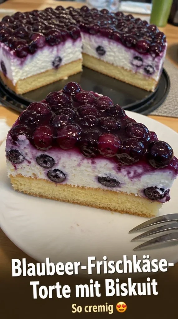 Blaubeertorte mit Frischkäse und Biskuit, köstlich verziert.