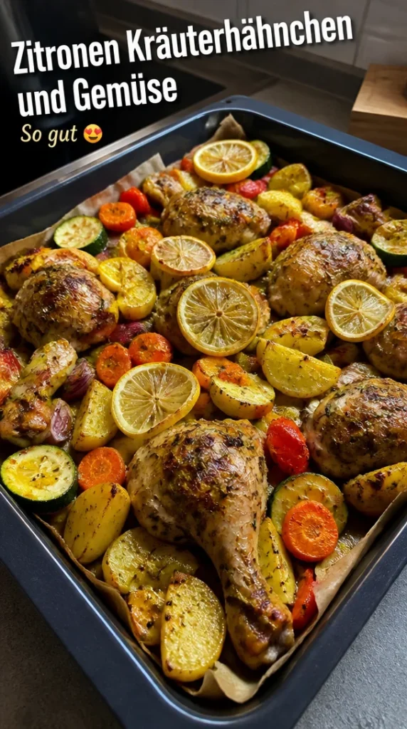 Zitronen Kräuterhähnchen mit buntem Gemüse in einer Blechpfanne gekocht.