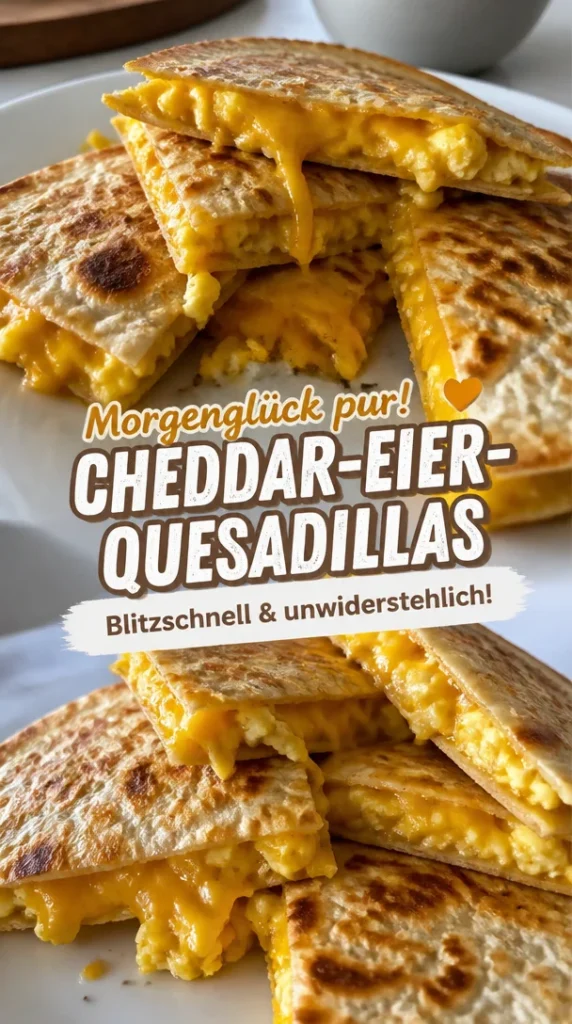 Cremige Cheddar-Eier-Quesadillas mit frischen Zutaten auf einem Teller.