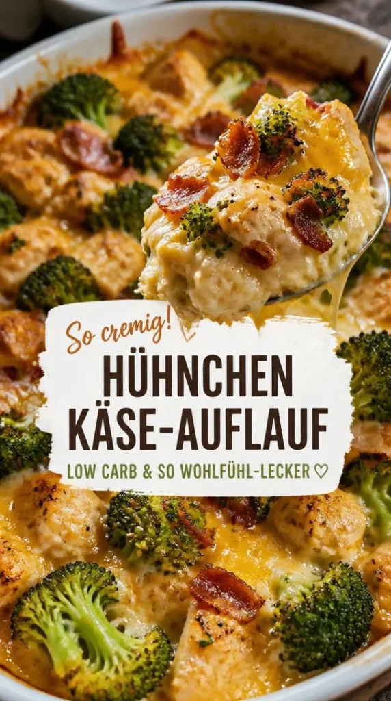 Cremige kohlenhydratarme Hühnchencasserole auf einem Teller serviert