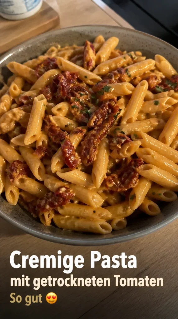 Cremige vegane Pasta mit getrockneten Tomaten auf einem Teller angerichtet