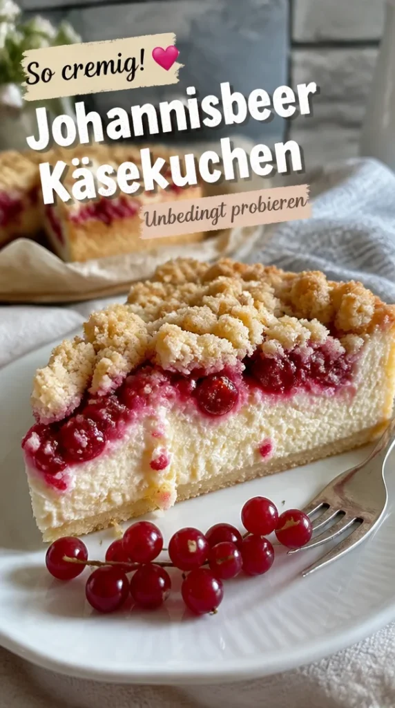 Cremiger Johannisbeer-Käsekuchen mit Butterstreuseln auf Teller