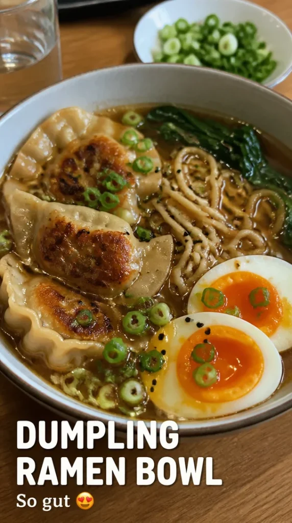 Dumpling Ramen Bowl mit frischen Zutaten und dampfenden Dumplings