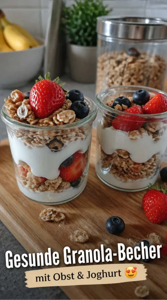 Gesunde Frühstücks-Granola-Becher mit Obst und Joghurtfüllung