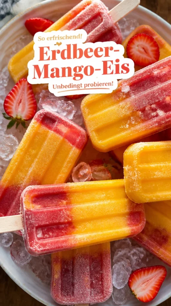 Erdbeer-Mango-Popsicles in einer farbenfrohen Eistüte