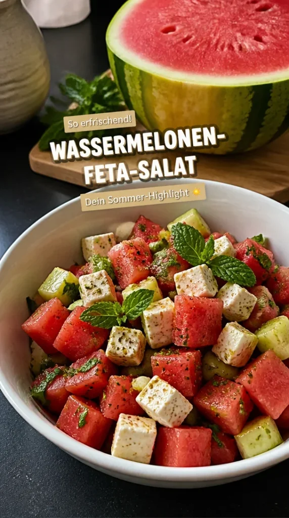 Erfrischender Wassermelonen-Feta-Salat auf einem Teller