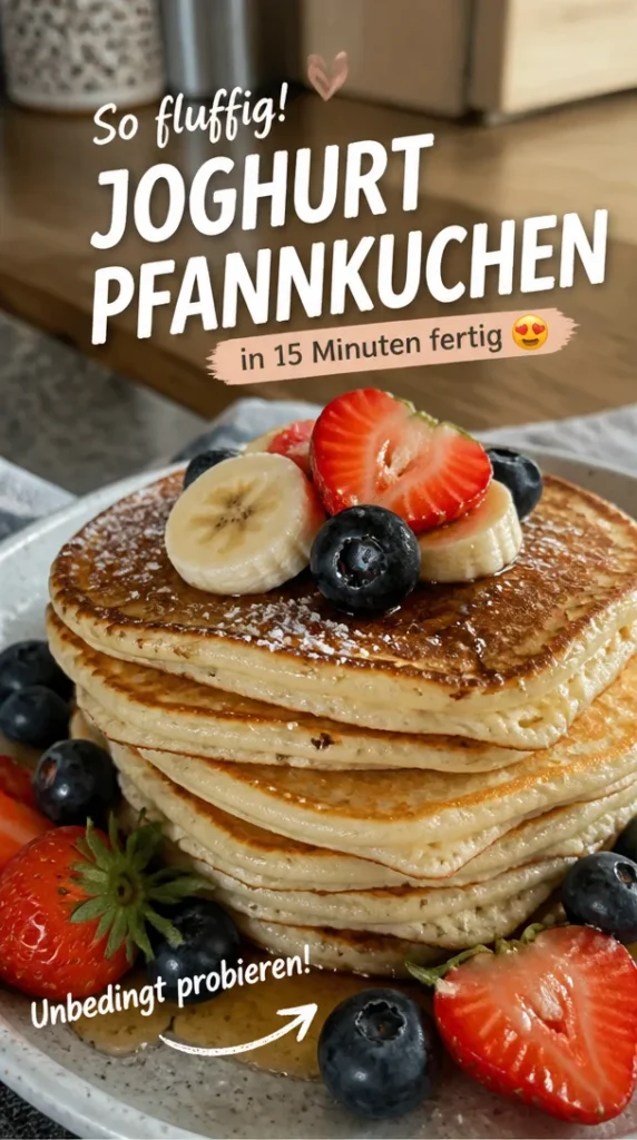 Fluffige Pfannkuchen mit griechischem Joghurt auf einem Teller serviert