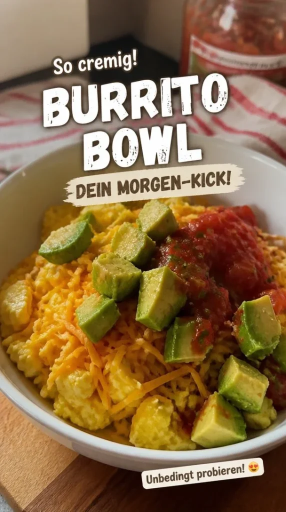 Frühstück Burrito Bowl mit Ei, Avocado und Gemüse in Schüssel serviert