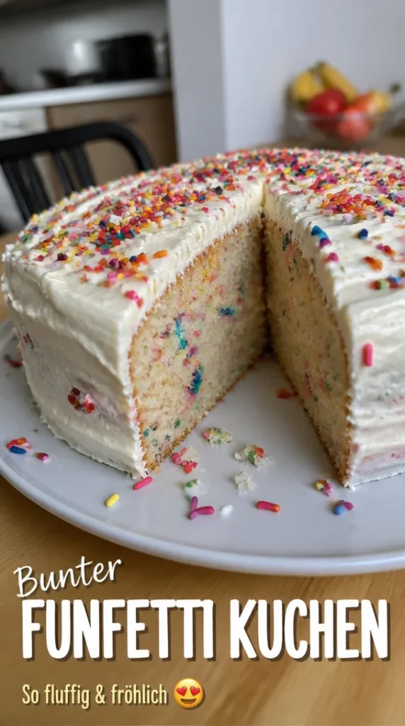 Ein köstlicher Funfetti Cake mit bunten Streuseln und Zuckerguss