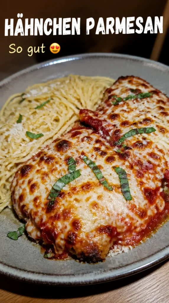 Gebratenes Hähnchen Parmesan, knusprig und lecker auf dem Teller angerichtet.