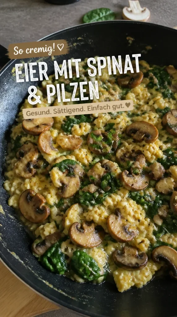 Gedämpfte Eier mit Spinat und Pilzen auf einem Teller serviert.