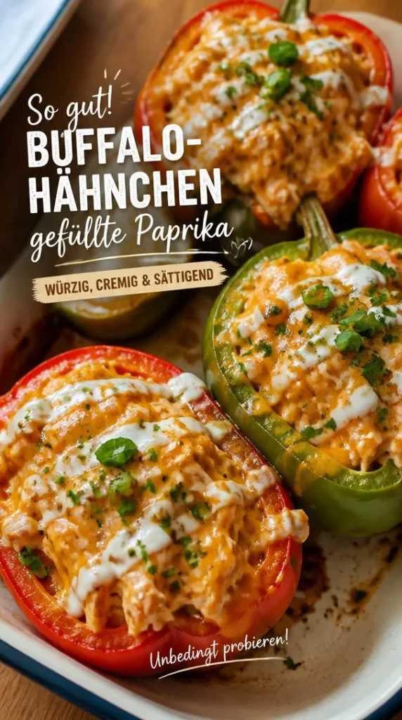 Gefüllte Paprika mit Buffalo-Hähnchen auf einem Teller serviert