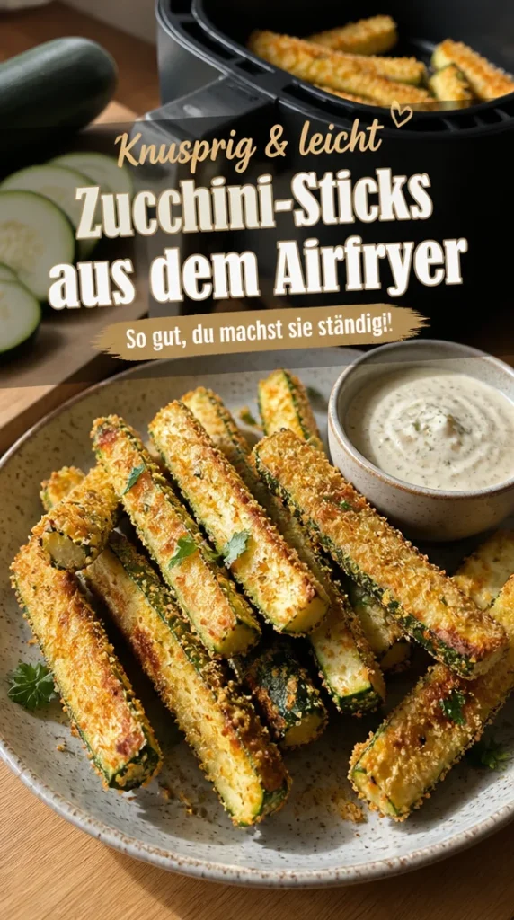 Gesunde, knusprige Airfryer-Zucchini-Sticks auf einem Teller