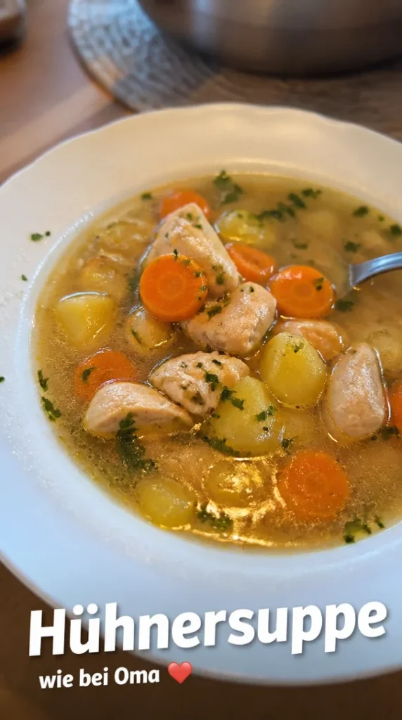 Schüssel gesunde hausgemachte Hühnersuppe mit frischem Gemüse