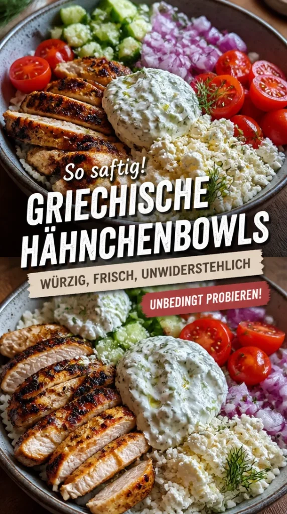 Griechische Hähnchenbowls mit frischen Zutaten und würziger Marinade