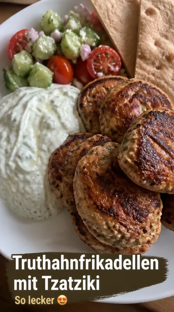 Griechische Truthahnfrikadellen mit Tzatziki auf einem Teller serviert